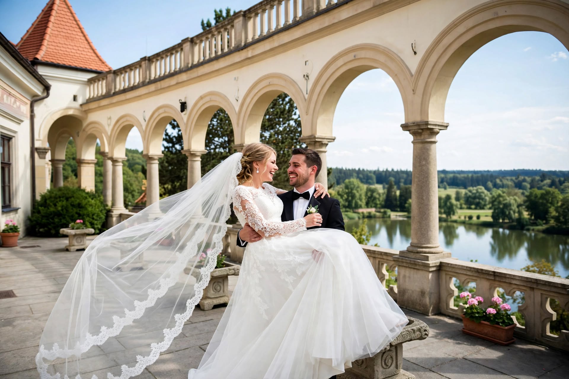 Ženich nese nevěstu na zámecké terase